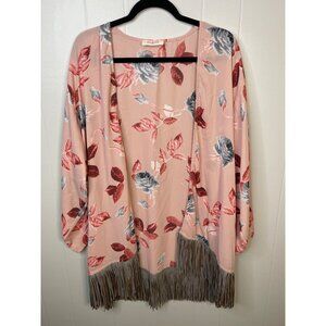 Peach Love Kimono Cardigan With Fringe Hem & Floral Print Large